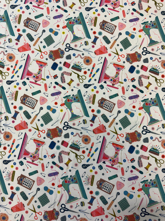 Country Sewing Club - Sewing Notions on Cream Background DV1032