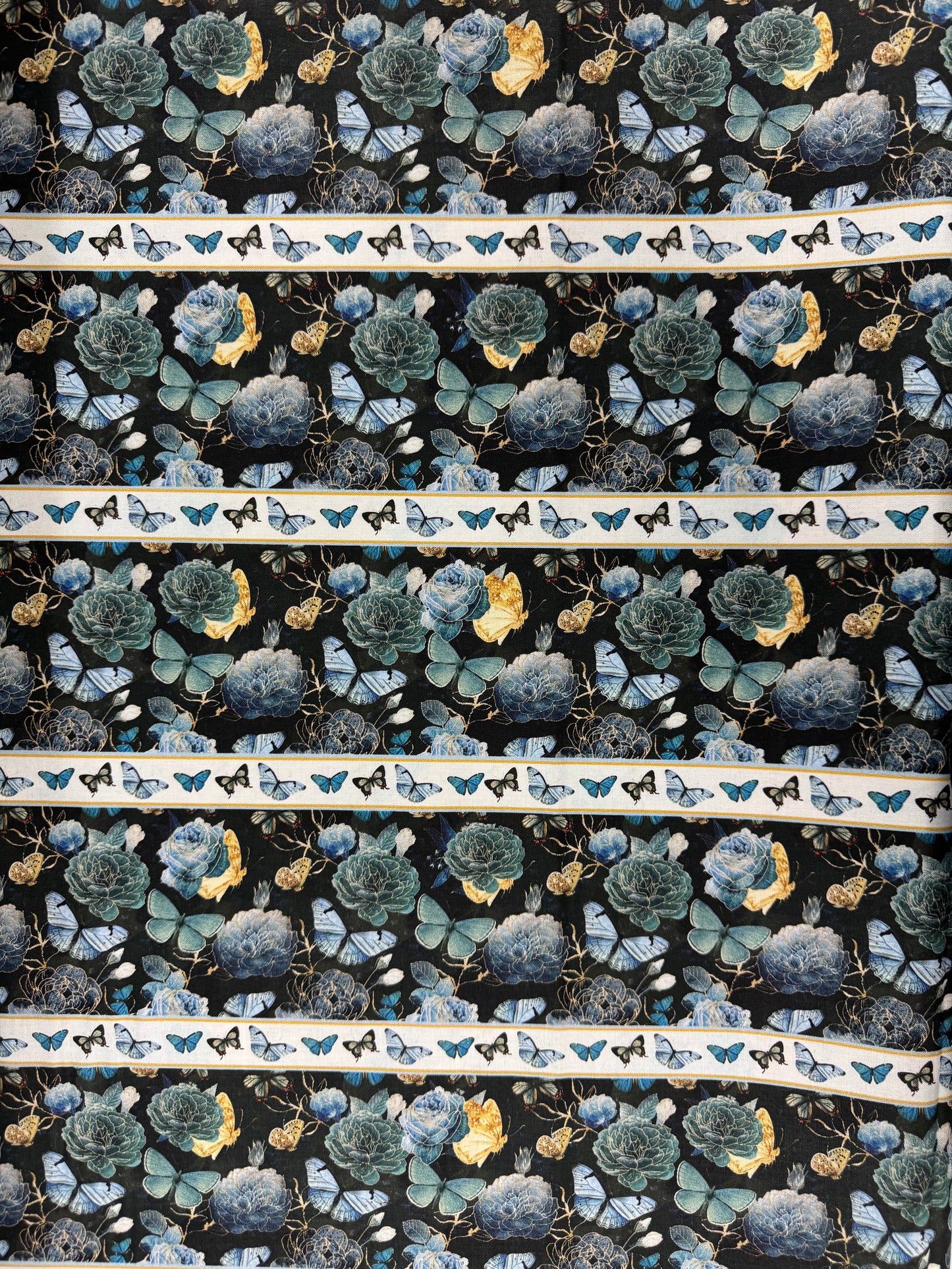 Gilded Wings - Blue Stripes on Dark - Butterflies and Flowers