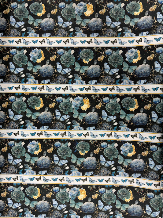 Gilded Wings - Blue Stripes on Dark - Butterflies and Flowers