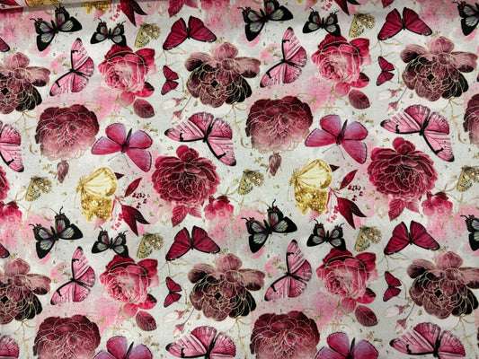 Gilded Wings - Allover on White - Pink Butterflies and Flowers