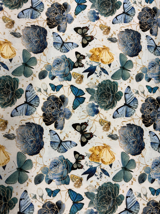 Gilded Wings - Allover on White - Blue Butterflies and Flowers