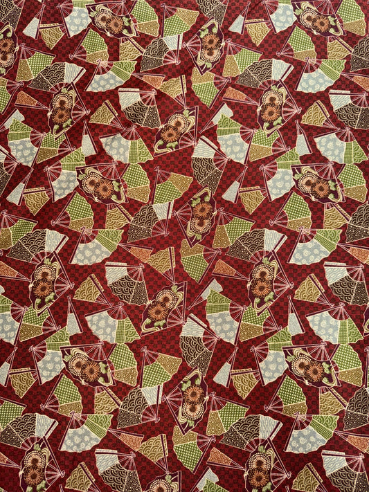 Robert Kaufman - Kyoto Gardens - Green Fans on Red background