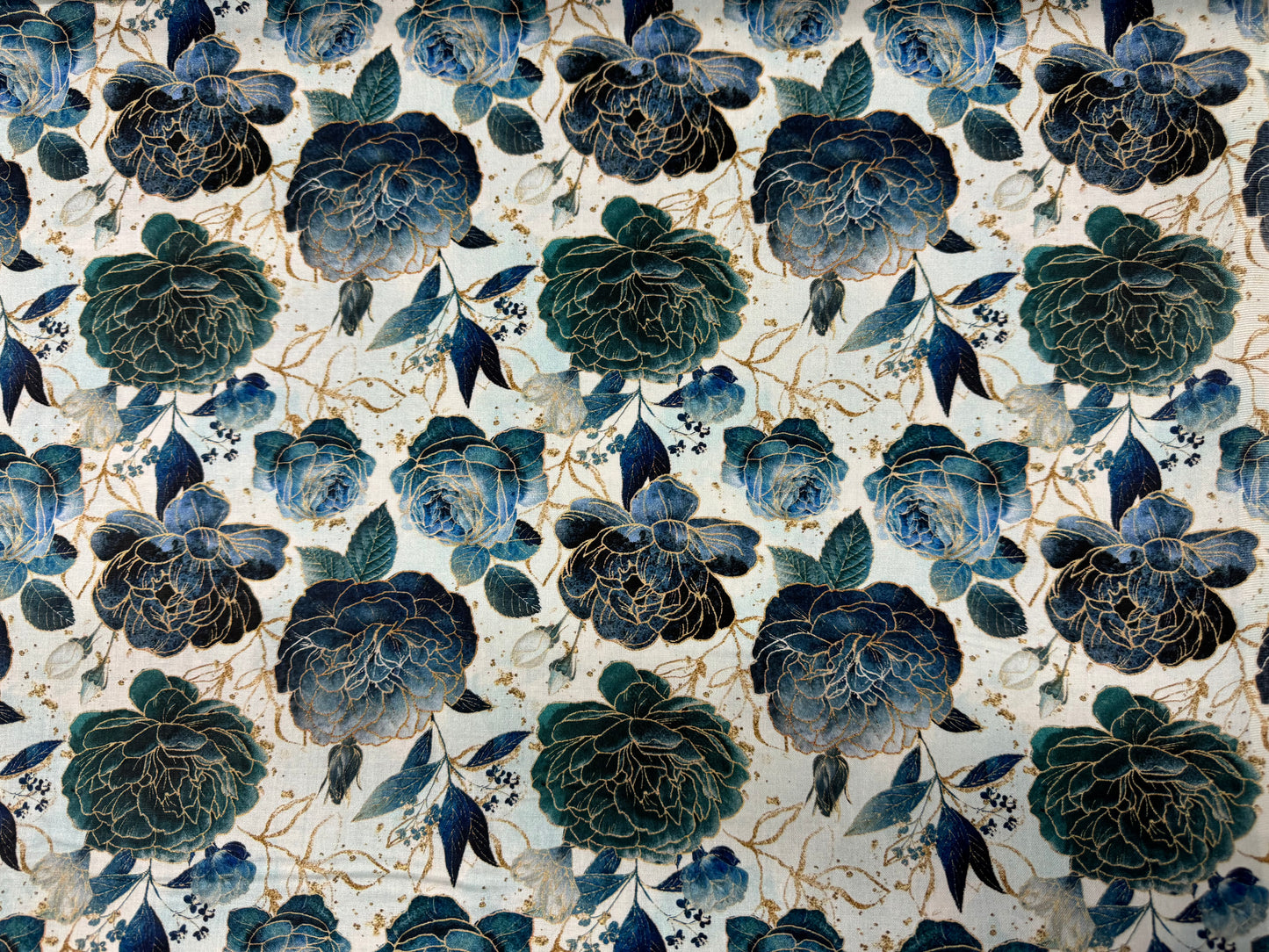 Gilded Wings - Allover on White - Blue Flowers