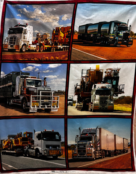 Terrific Trucking - 6 Big Trucks Fabric Panel  90cm x WOF