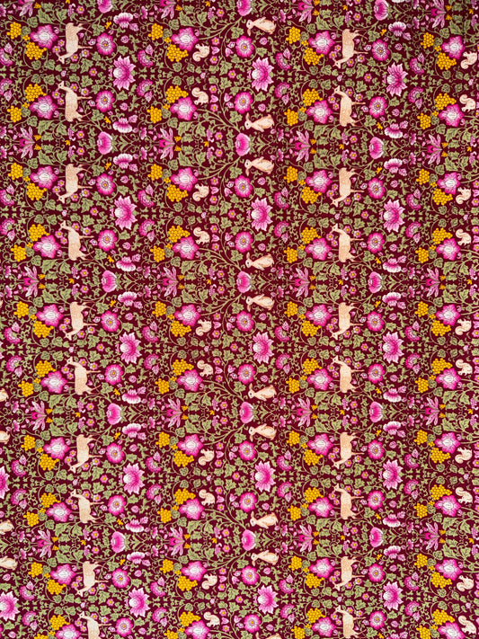 William Morris Pink Floral with Deers and Squirrels and Rabbits. Small Scale print.