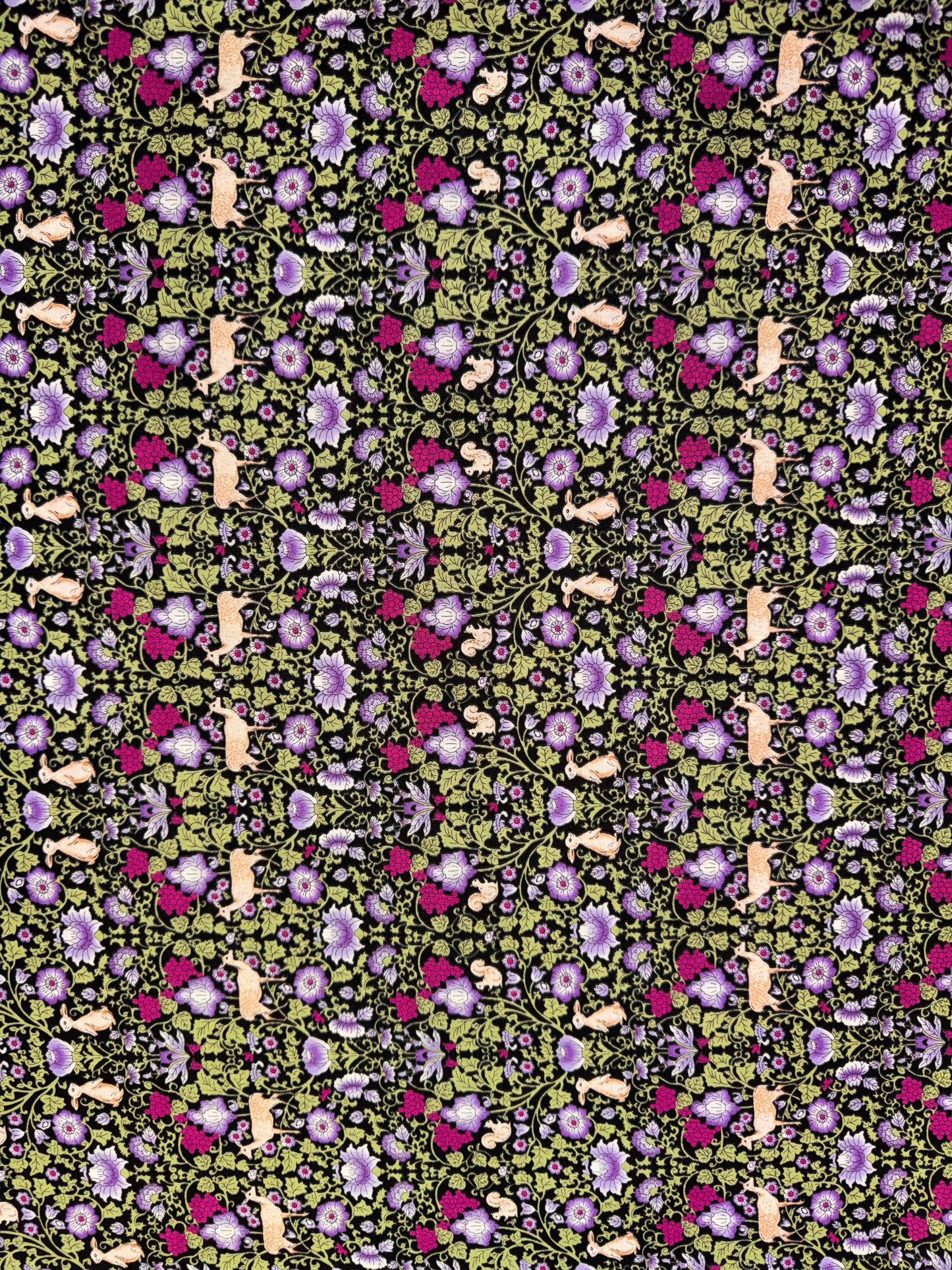 William Morris Purple Floral with Deers and Squirrels and Rabbits. Small Scale print.