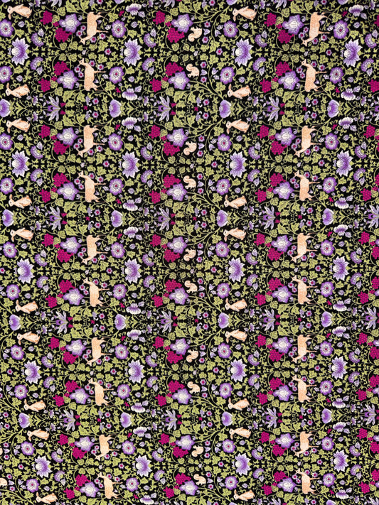 William Morris Purple Floral with Deers and Squirrels and Rabbits. Small Scale print.