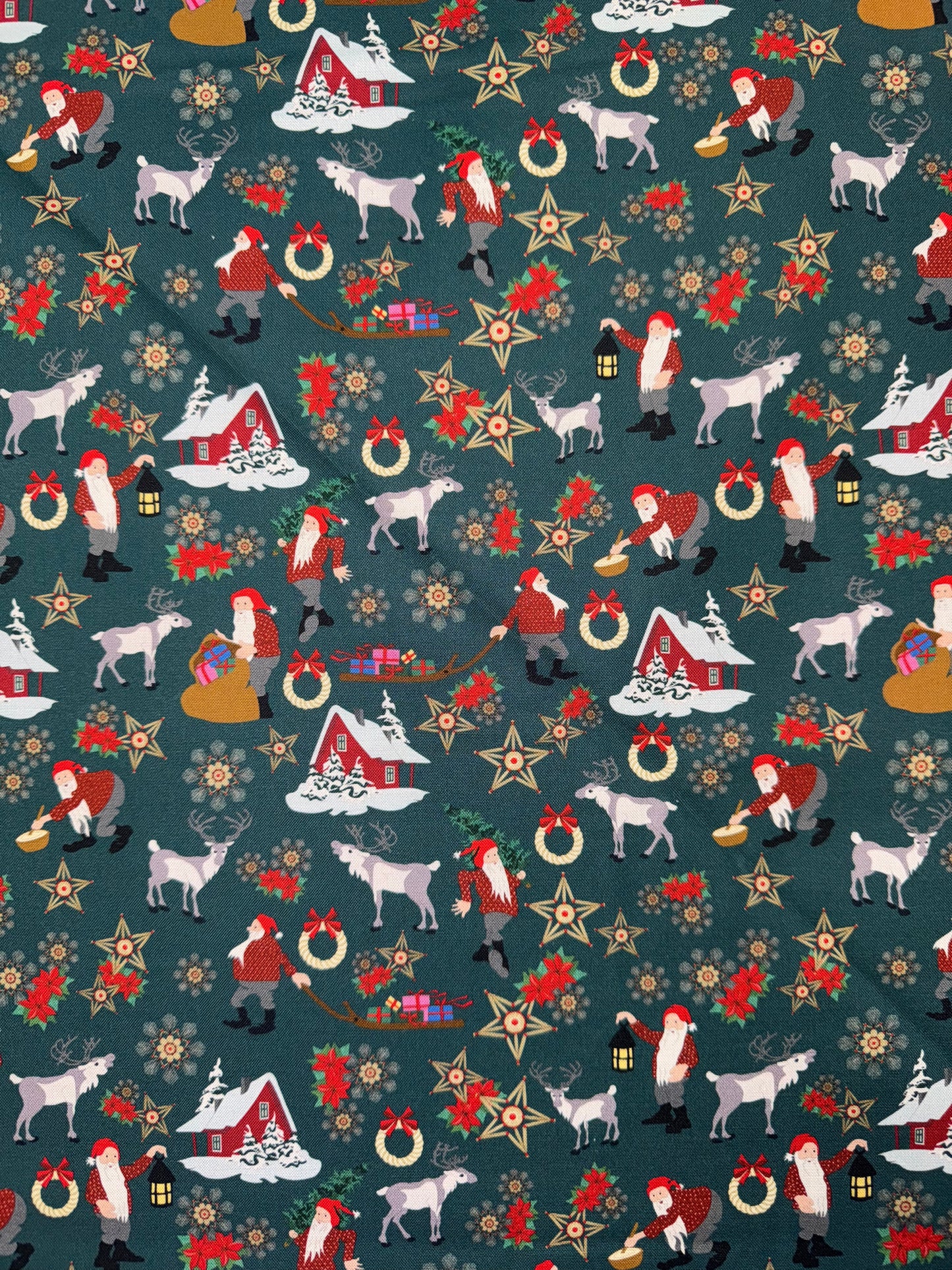 Norwegian Christmas Green with Santa, Reindeer & Houses