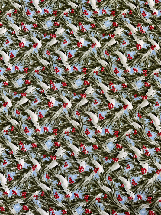 Winter Welcome Green Pine Foliage with Red Berries on Blue Background.