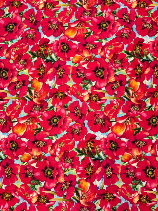 Poppies on blue background 1m only available.