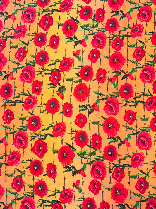 Poppies on Orange background with barbed wire. 1m available.
