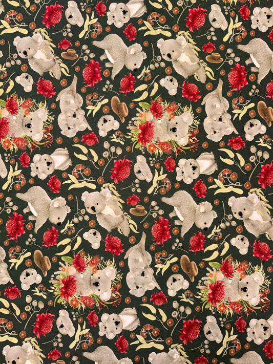DV6960 Jen Digital Christmas Australian Koala and Waratah fabric on Green