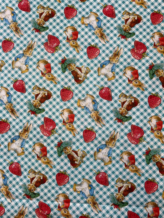 Peter Rabbit and Strawberries on Teal Gingham