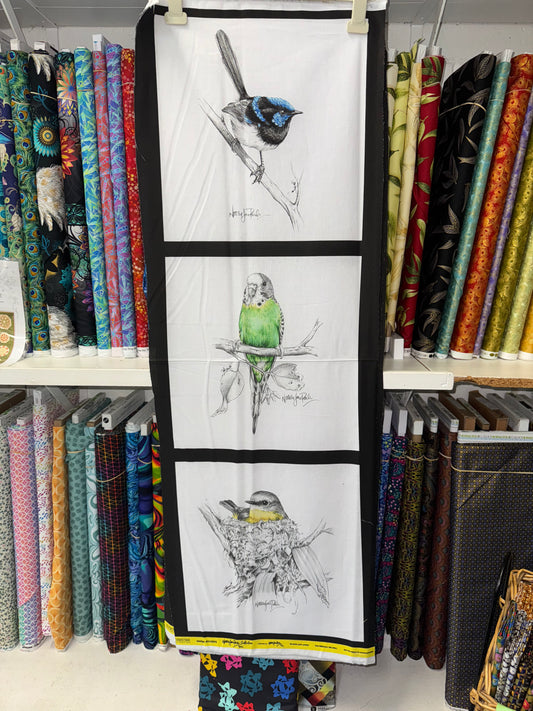Natalie Jane Parker Fabric Panel - 3 Australian Birds on White Background DV5092