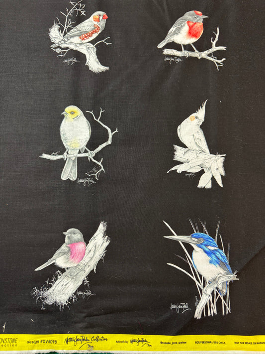 Natalie Jane Parker Fabric Panel -Australian Birds on Black Background 12 per 40cm repeat