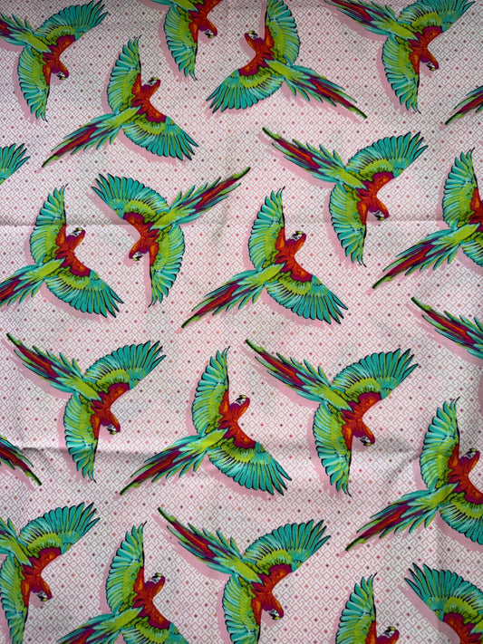 Tula Pink Daydreamer Collection .5m Pieces - Macaw ya Later - Pink with Green Birds