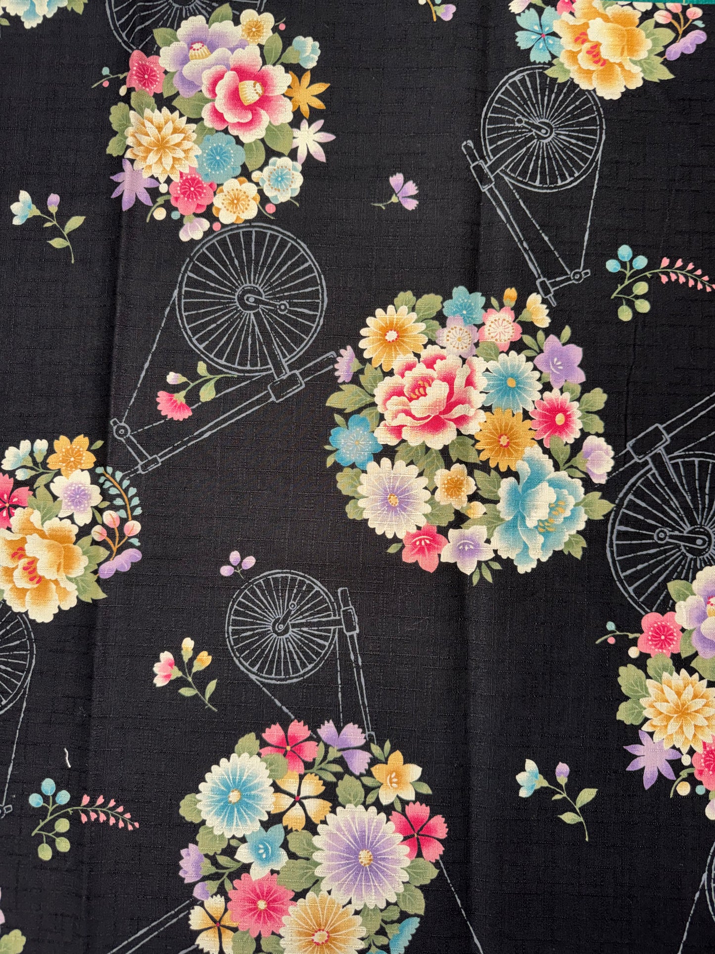 Japanese Floral Bouquets on black with slub