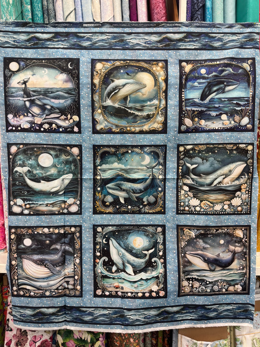 Ocean Fantasy - 9 Whale Panel in blues and teals.