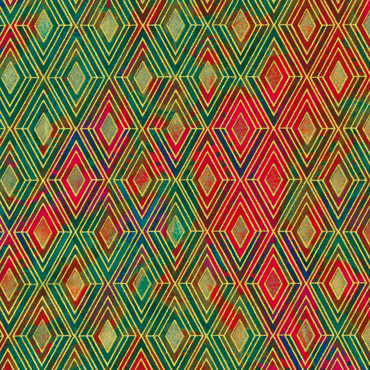 Robert Kaufman - Golden Vibes - Red Green Concentric Diamonds