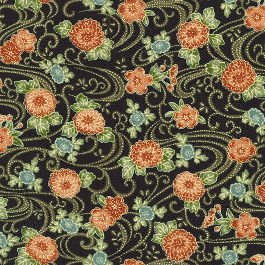 Robert Kaufman - Kyoto Gardens - Black with small flowers  and waves