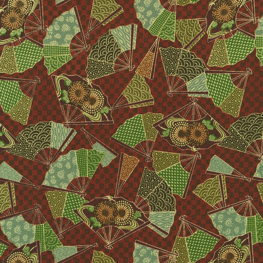 Robert Kaufman - Kyoto Gardens - Green Fans on brown background