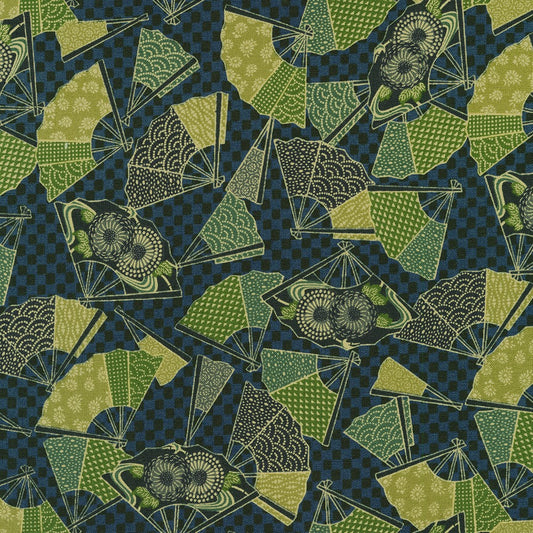 Robert Kaufman - Kyoto Gardens - Green Fans on Blue background